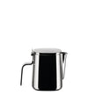 Polished stainless steel creamer by Alessi, featuring a hinged lid, handle, and pouring spout on a white background.