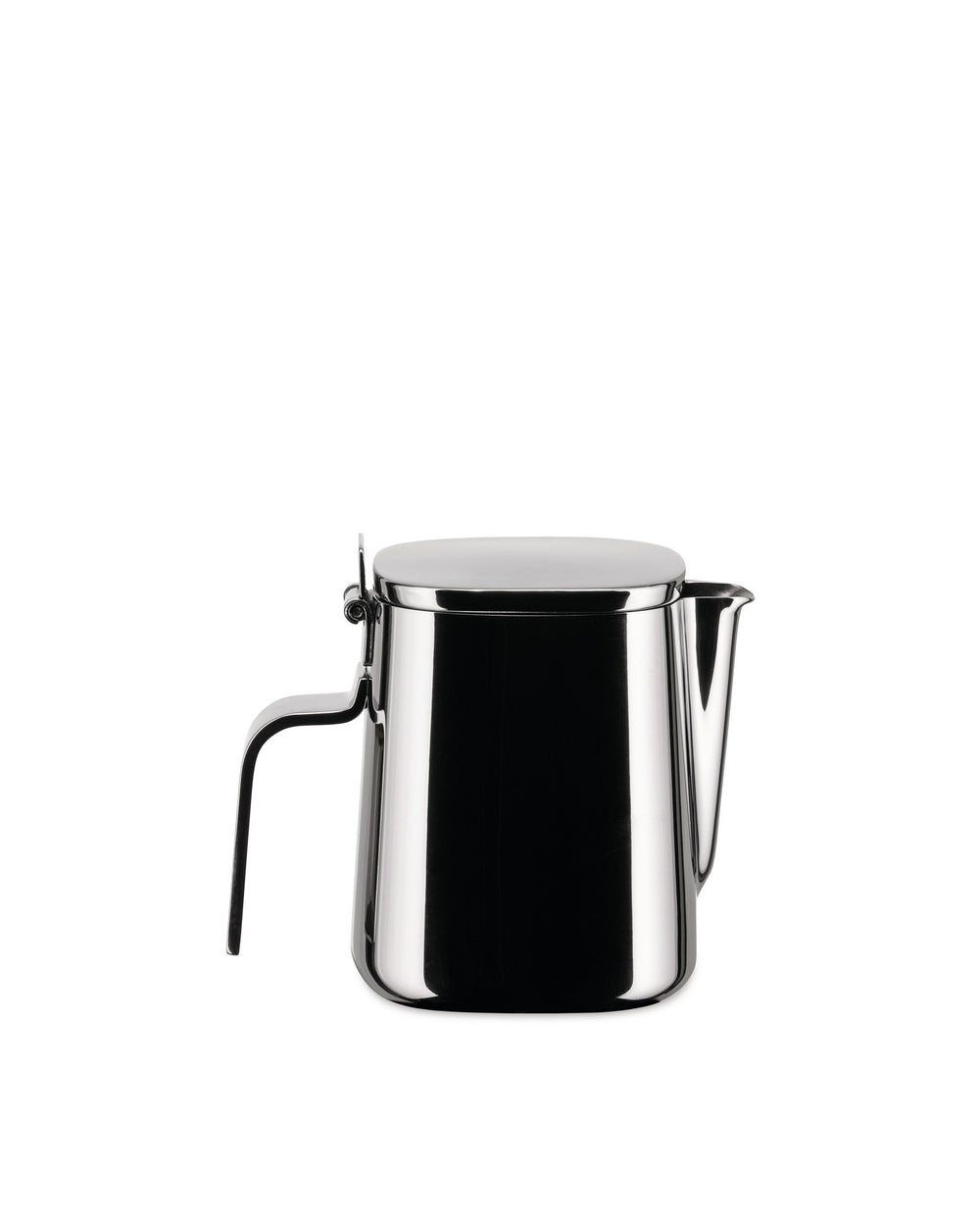 Polished stainless steel creamer by Alessi, featuring a hinged lid, handle, and pouring spout on a white background.