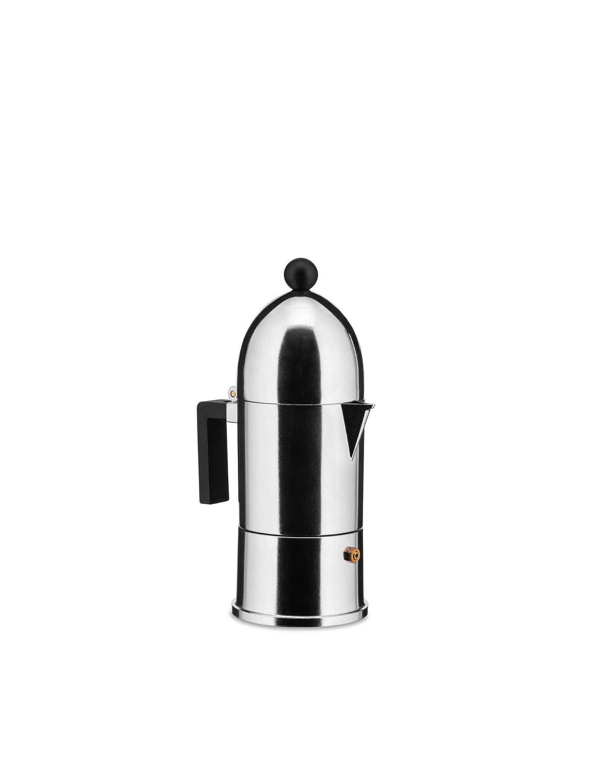 Stainless steel moka pot by Alessi with a black handle, a spherical top knob, and a brass safety valve.