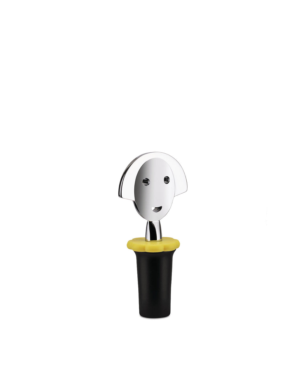 A chrome and black bottle stopper with a yellow collar by Alessi, featuring a smiling face design on the head.