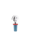 Figurative metal bottle stopper by Alessi with a smiling face and a red and blue silicone base.