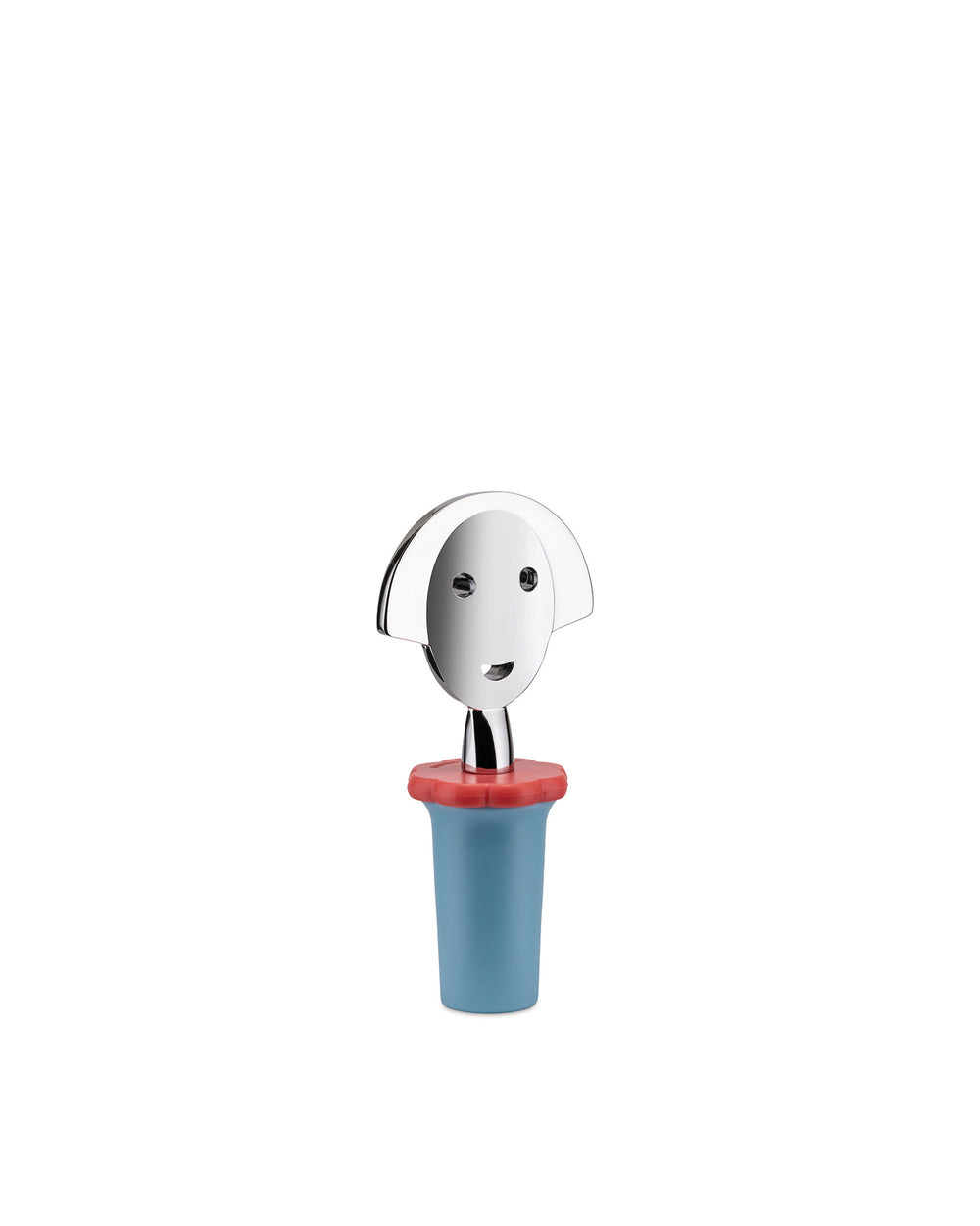 Figurative metal bottle stopper by Alessi with a smiling face and a red and blue silicone base.