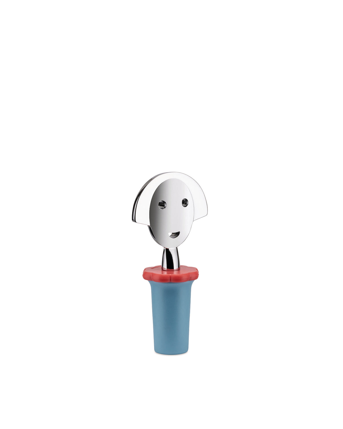 Figurative metal bottle stopper by Alessi with a smiling face and a red and blue silicone base.