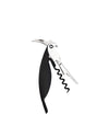 Black and silver Parrot corkscrew by Alessi, angled with a visible spiral worm.