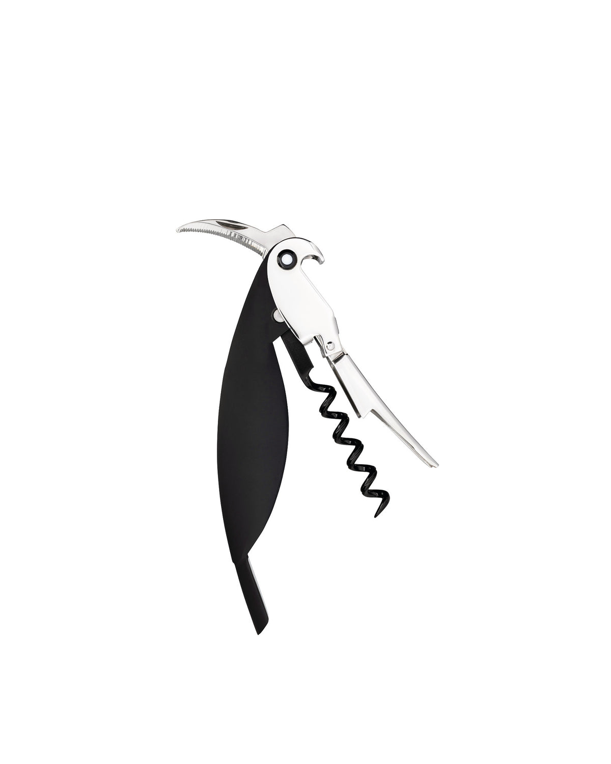 Black and silver Parrot corkscrew by Alessi, angled with a visible spiral worm.