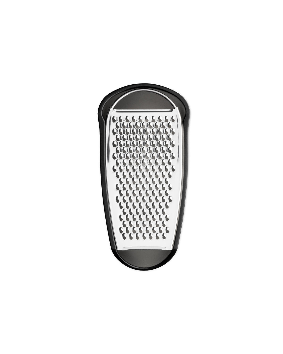 Black and silver grater by Alessi, with a sleek, contoured shape and numerous fine grating holes.