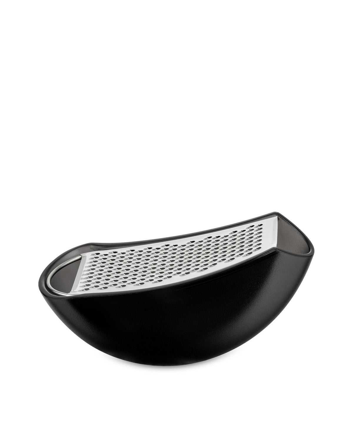 Black curved stainless steel grater by Alessi with a finely perforated grating surface on a white background.