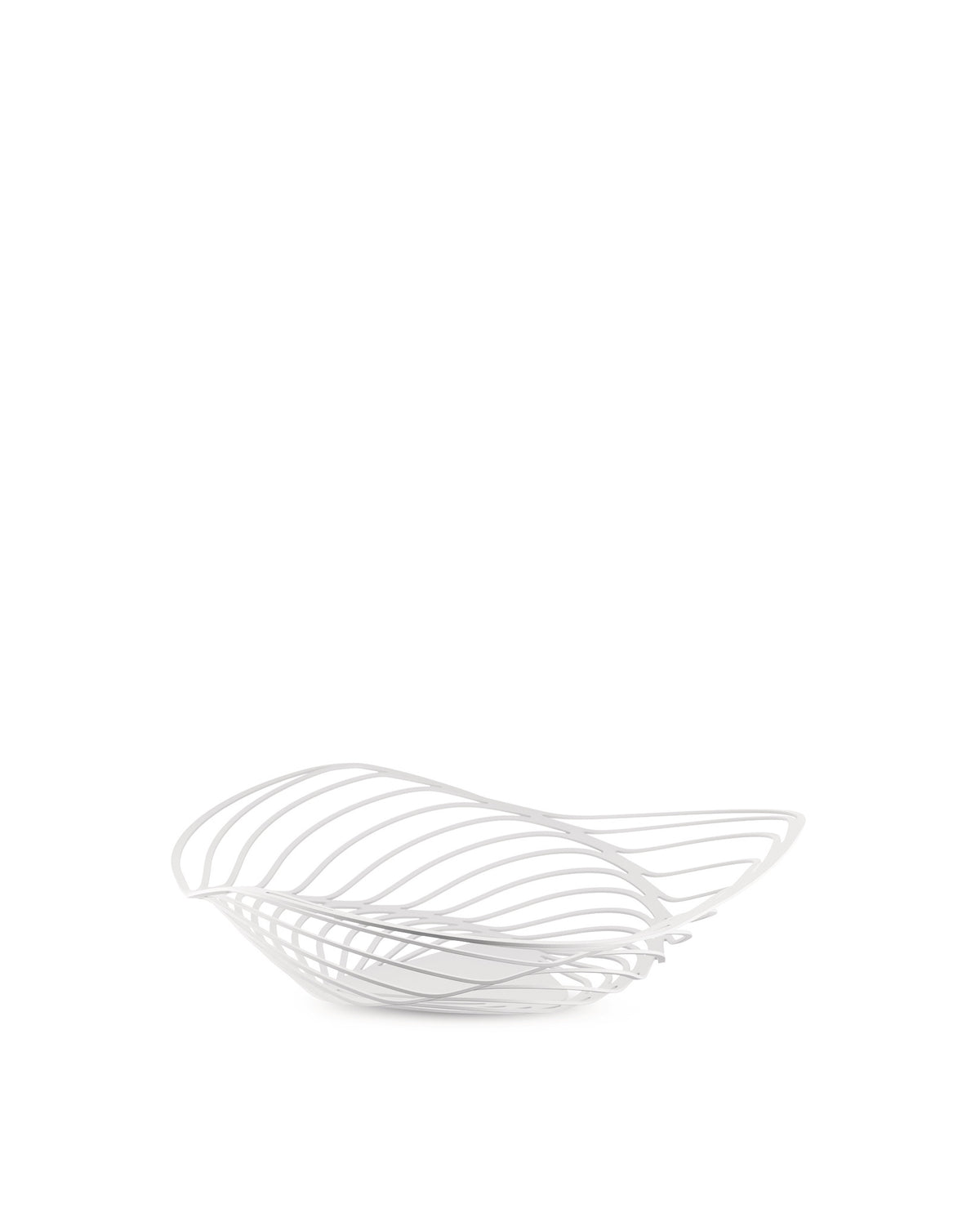 White metal wire fruit bowl by Alessi, featuring a sculptural wavy design.