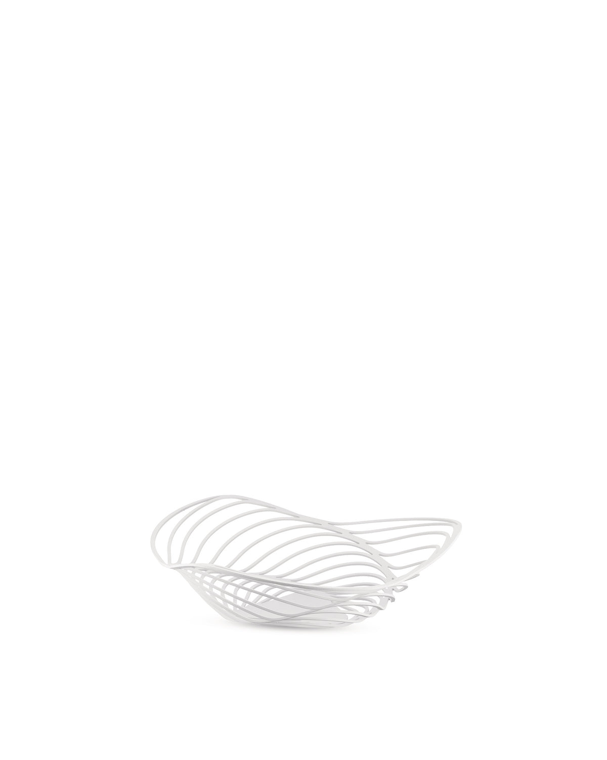 White wireframe fruit bowl by Alessi featuring an organic, intertwined design.