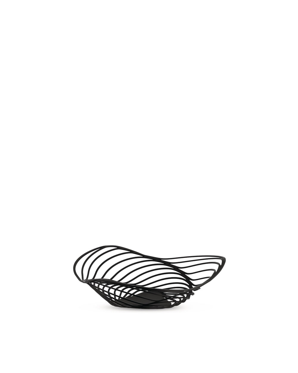 Black metal decorative bowl by Alessi with a sculptural wavy openwork design.