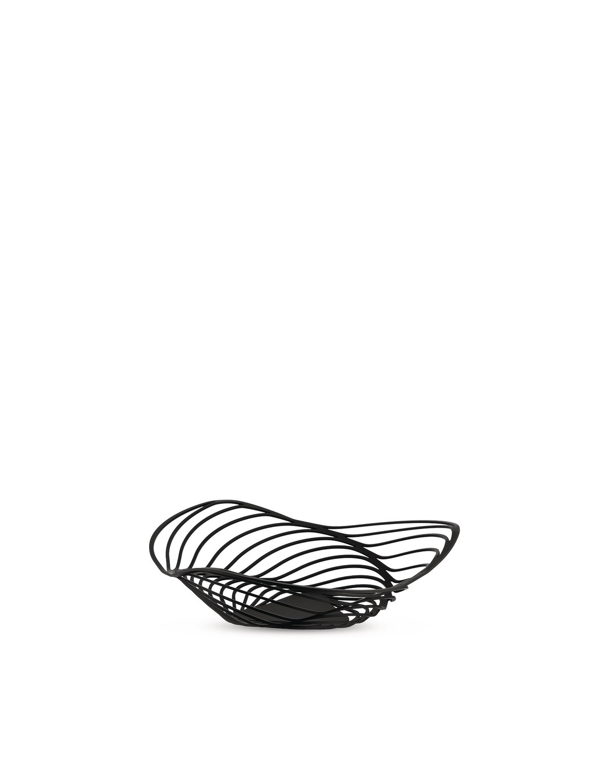 Black metal decorative bowl by Alessi with a sculptural wavy openwork design.