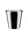 Silver polished metal wine cooler by Alessi with a scalloped top edge featuring circular cutouts.