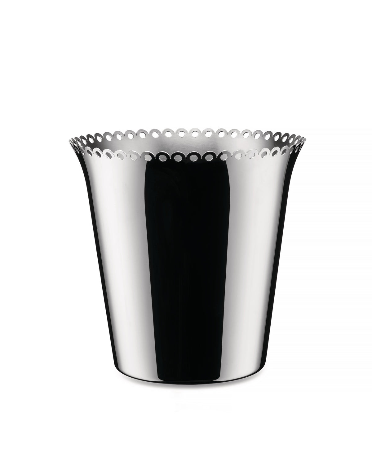 Silver polished metal wine cooler by Alessi with a scalloped top edge featuring circular cutouts.