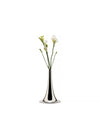 Silver trumpet-shaped vase by Alessi, holding white freesia flowers on a white background.