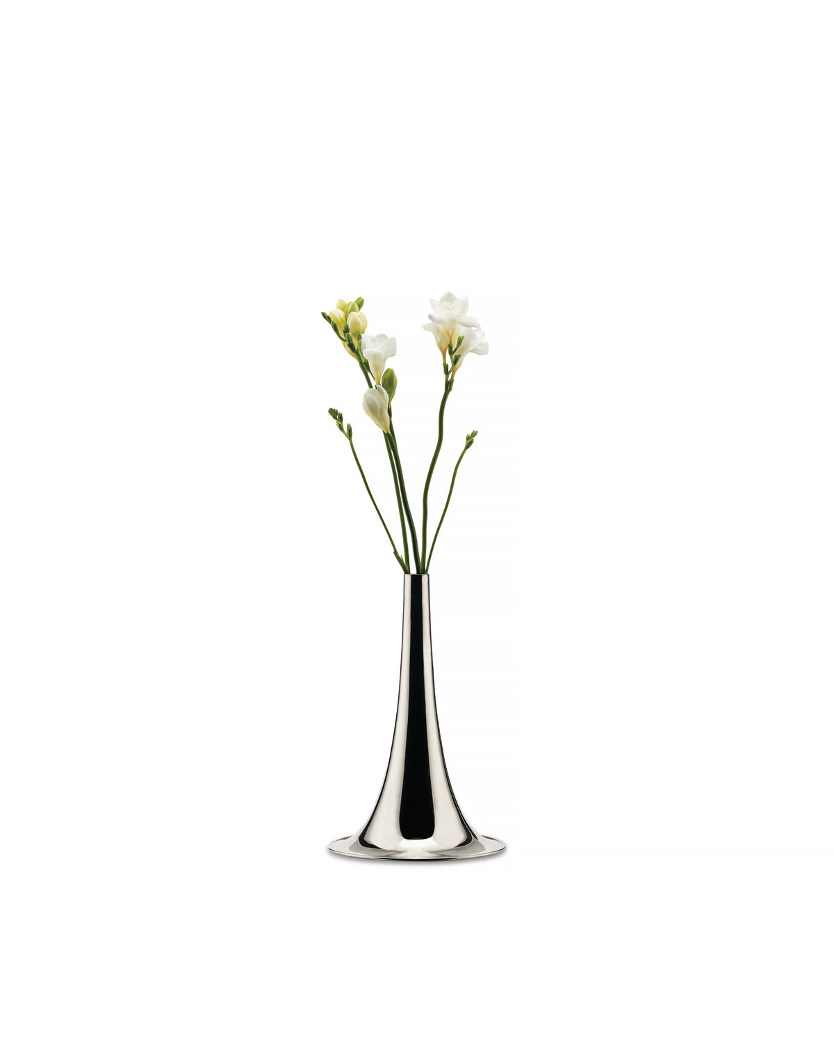 Silver trumpet-shaped vase by Alessi, holding white freesia flowers on a white background.