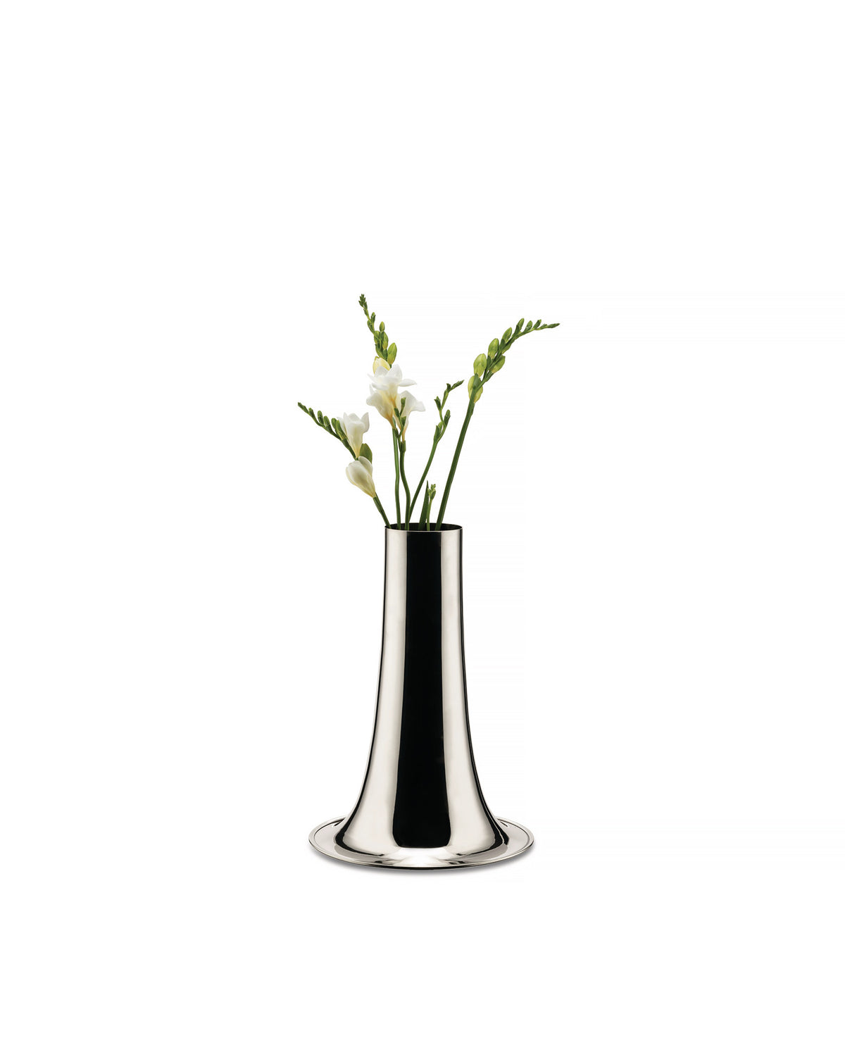 Shiny silver trumpet vase by Alessi holding white freesia flowers on a white background.