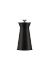 Black matte conical pepper mill by Alessi with a silver-colored knob on top, front view.