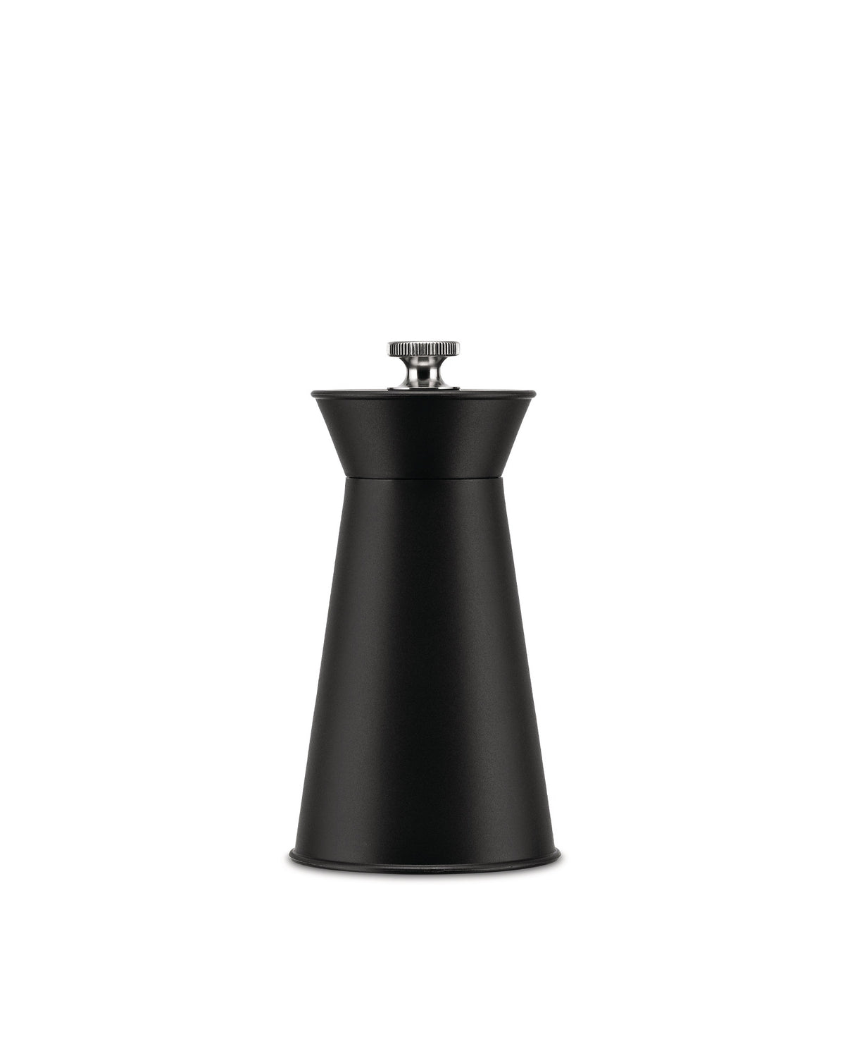 Black matte conical pepper mill by Alessi with a silver-colored knob on top, front view.
