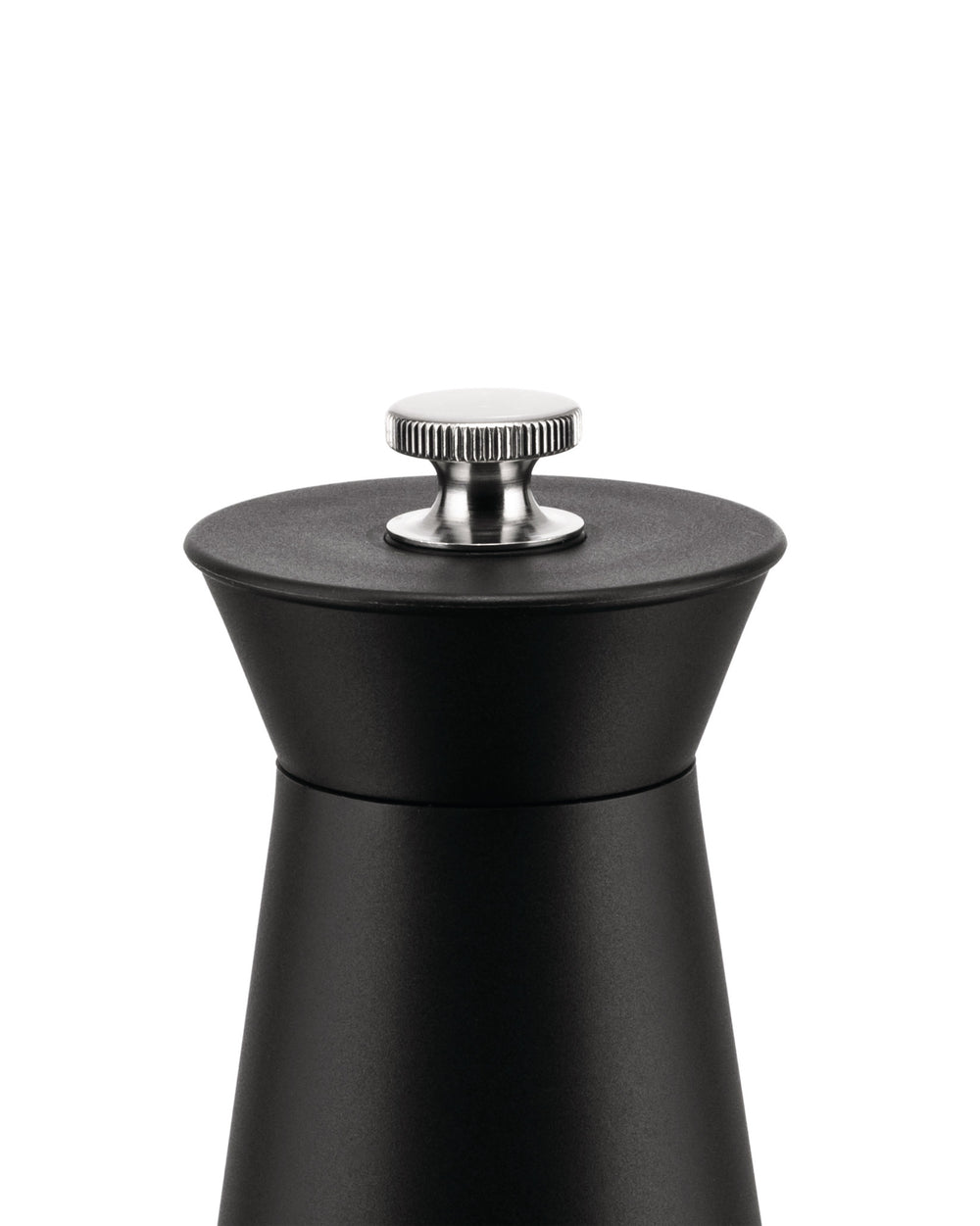 Black pepper mill by Alessi with a ribbed silver top knob and matte body, cropped.