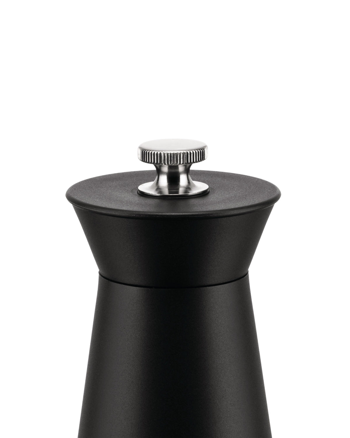 Black pepper mill by Alessi with a ribbed silver top knob and matte body, cropped.