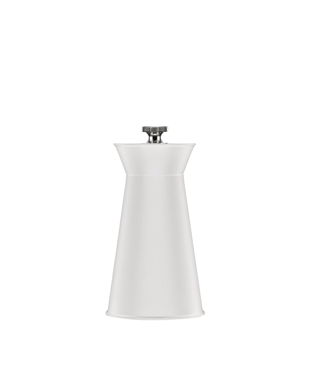 White pepper mill by Alessi with a tapered body and silver ribbed grinding knob.