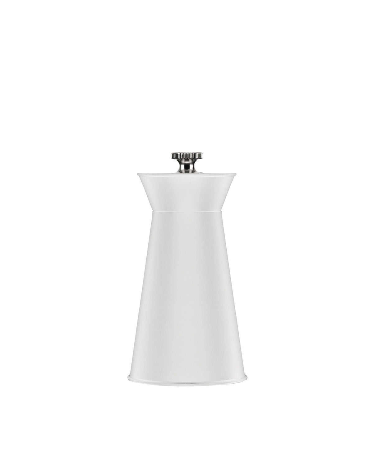 White pepper mill by Alessi with a tapered body and silver ribbed grinding knob.