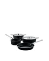 Black cookware set by Alessi, with sleek silver handles and shiny metal lids, displayed on white.