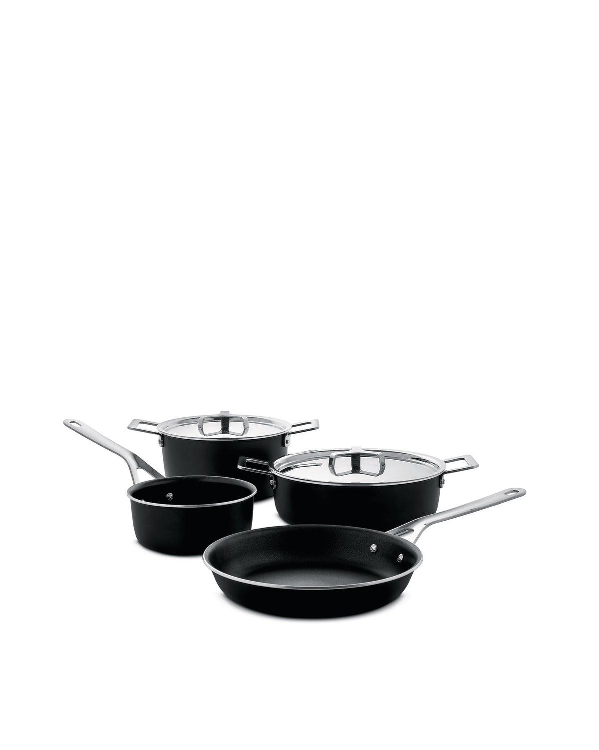 Black cookware set by Alessi, with sleek silver handles and shiny metal lids, displayed on white.
