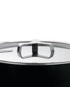 Black pot with a reflective silver lid by Alessi, featuring a modern, open square-shaped handle.