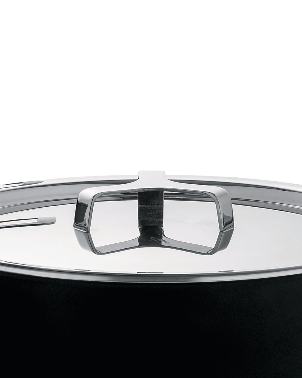 Black pot with a reflective silver lid by Alessi, featuring a modern, open square-shaped handle.