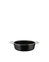 Shallow black casserole with polished metal handles by Alessi, featuring a modern design.