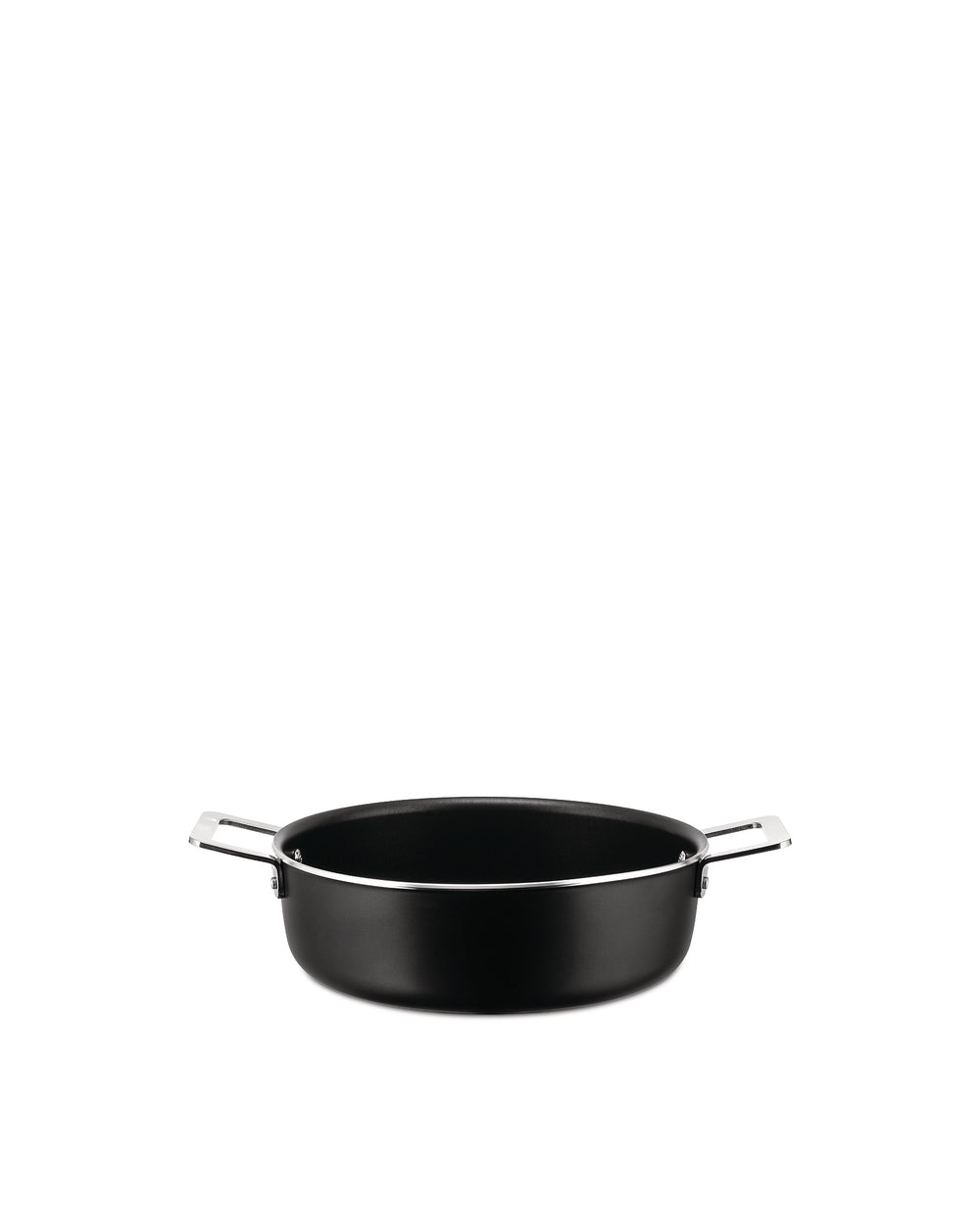 Shallow black casserole with polished metal handles by Alessi, featuring a modern design.