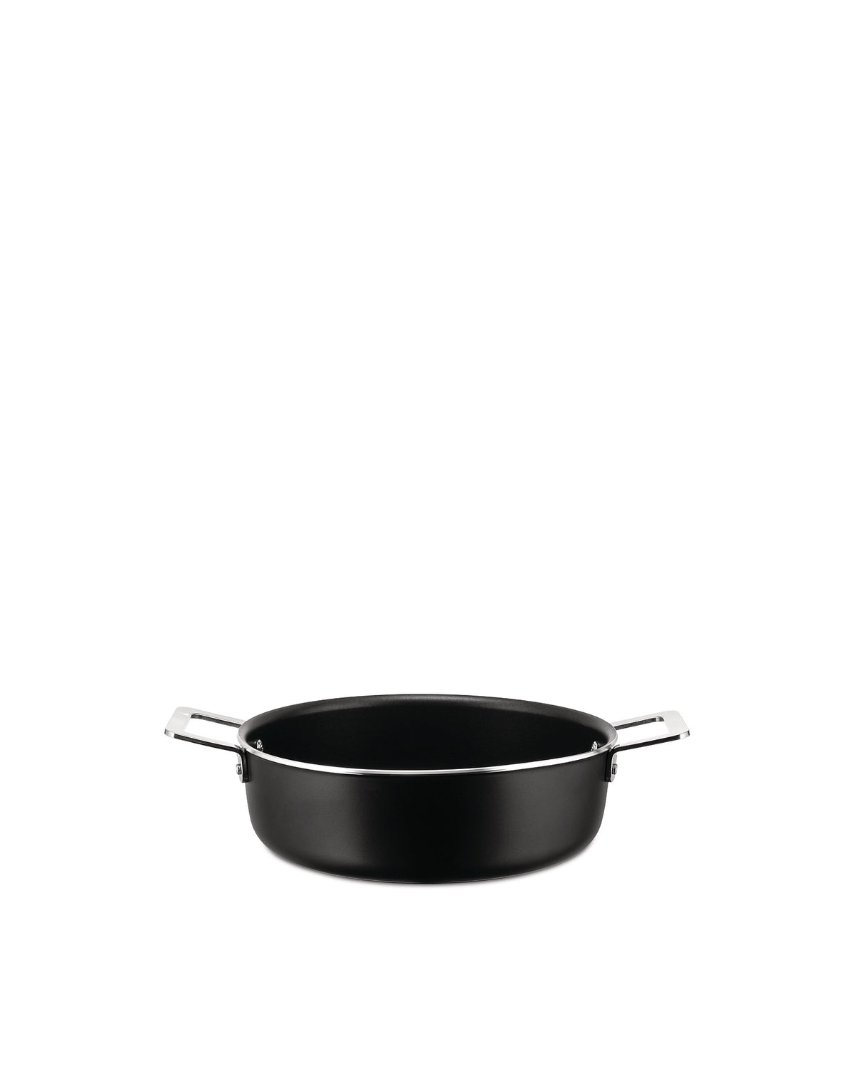 Shallow black casserole with polished metal handles by Alessi, featuring a modern design.