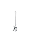 Silver stainless steel spaghetti server by Alessi, with a slotted head and a hanging hole, shown vertically.