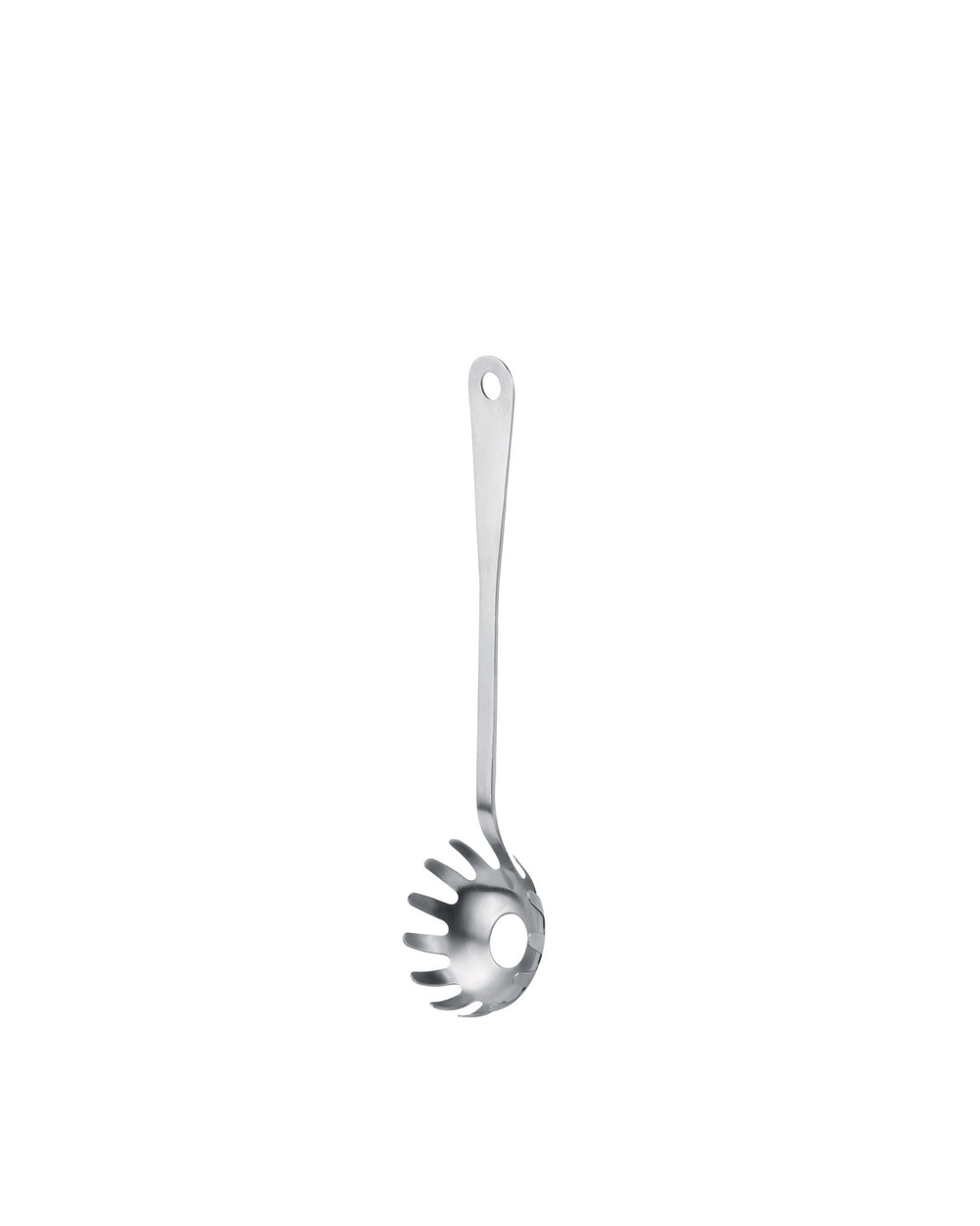 Silver stainless steel spaghetti server by Alessi, with a slotted head and a hanging hole, shown vertically.