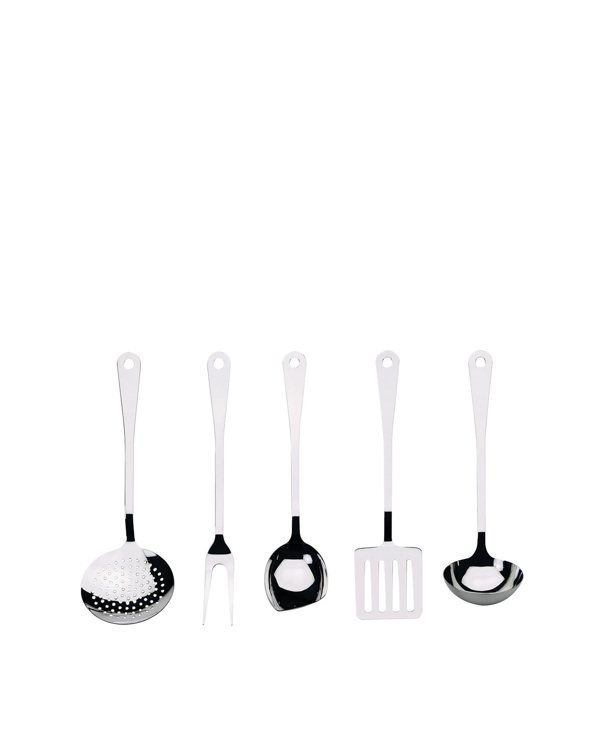 A set of five stainless steel kitchen utensils by Alessi, with black accents, including a skimmer and ladles, on white.