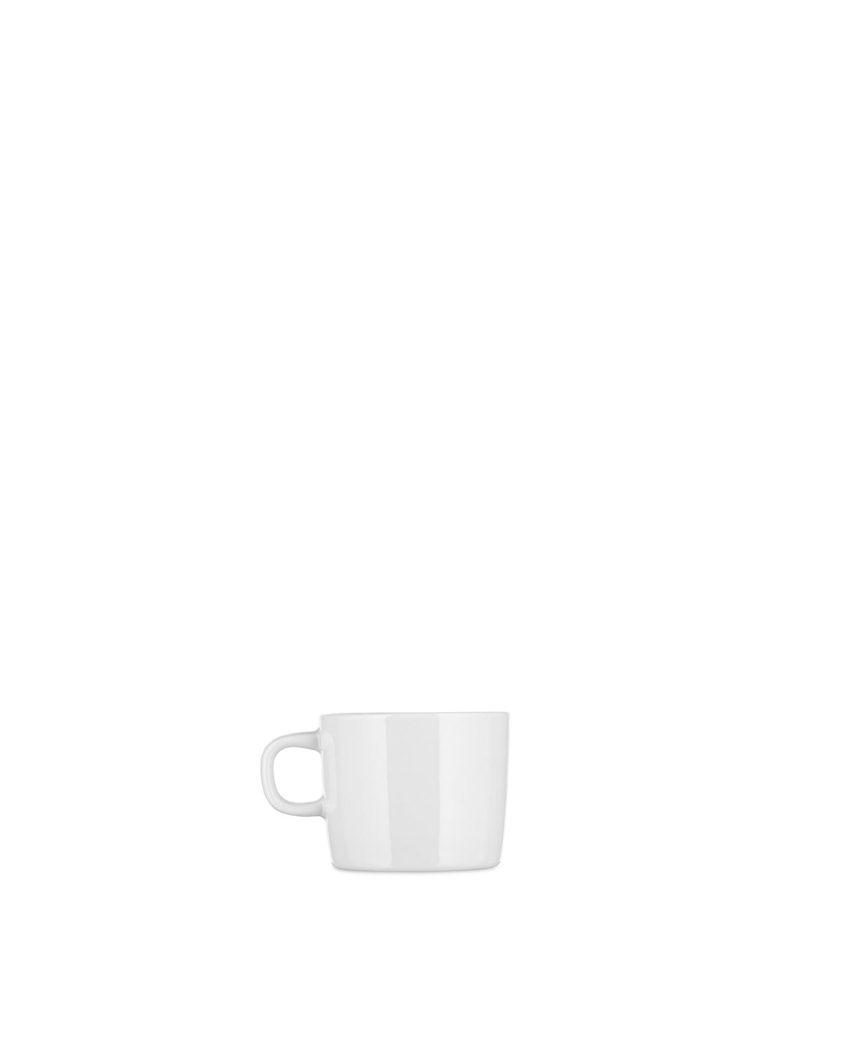 White minimalist cup by Alessi with a handle on a white background.