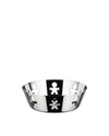 Shiny stainless steel basket by Alessi with repeated cut-out 'little man' figures around its rim.