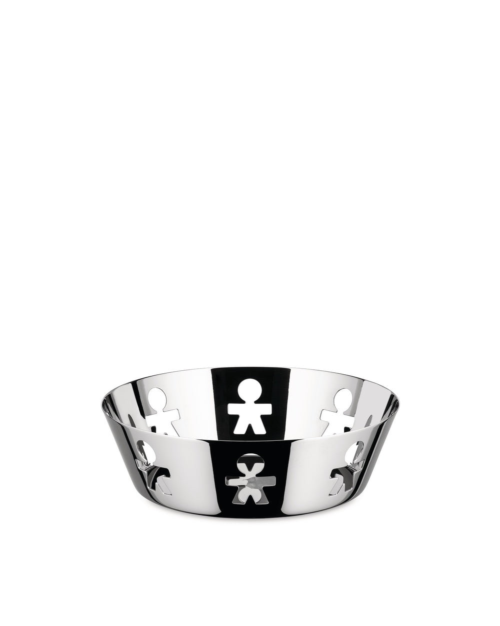 Shiny stainless steel basket by Alessi with repeated cut-out 'little man' figures around its rim.