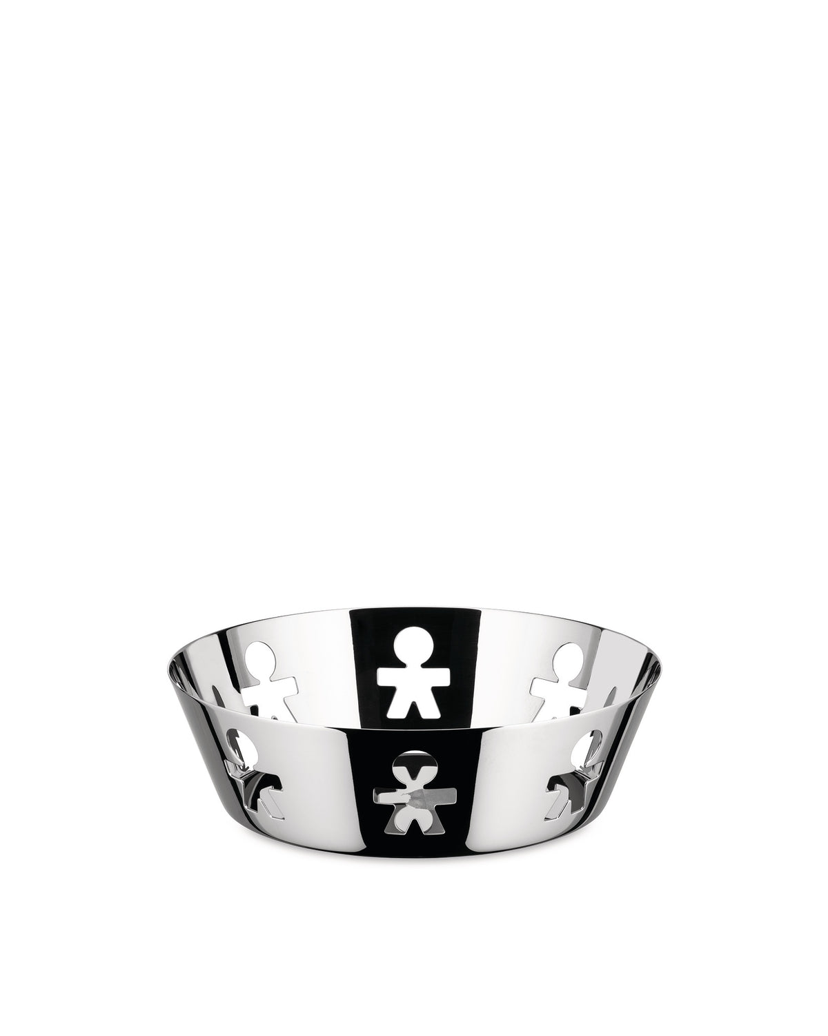 Shiny stainless steel basket by Alessi with repeated cut-out 'little man' figures around its rim.