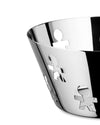 Silver stainless steel basket by Alessi with cutout 'gingerbread man' figures, in a close-up, angled view.
