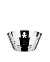 Silver polished metal basket by Alessi, featuring a cutout pattern of stick-like figures.