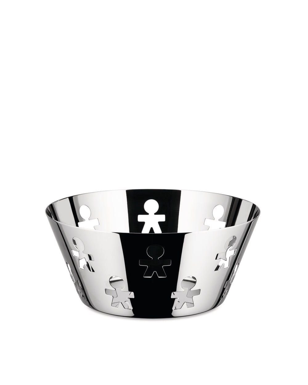 Silver polished metal basket by Alessi, featuring a cutout pattern of stick-like figures.