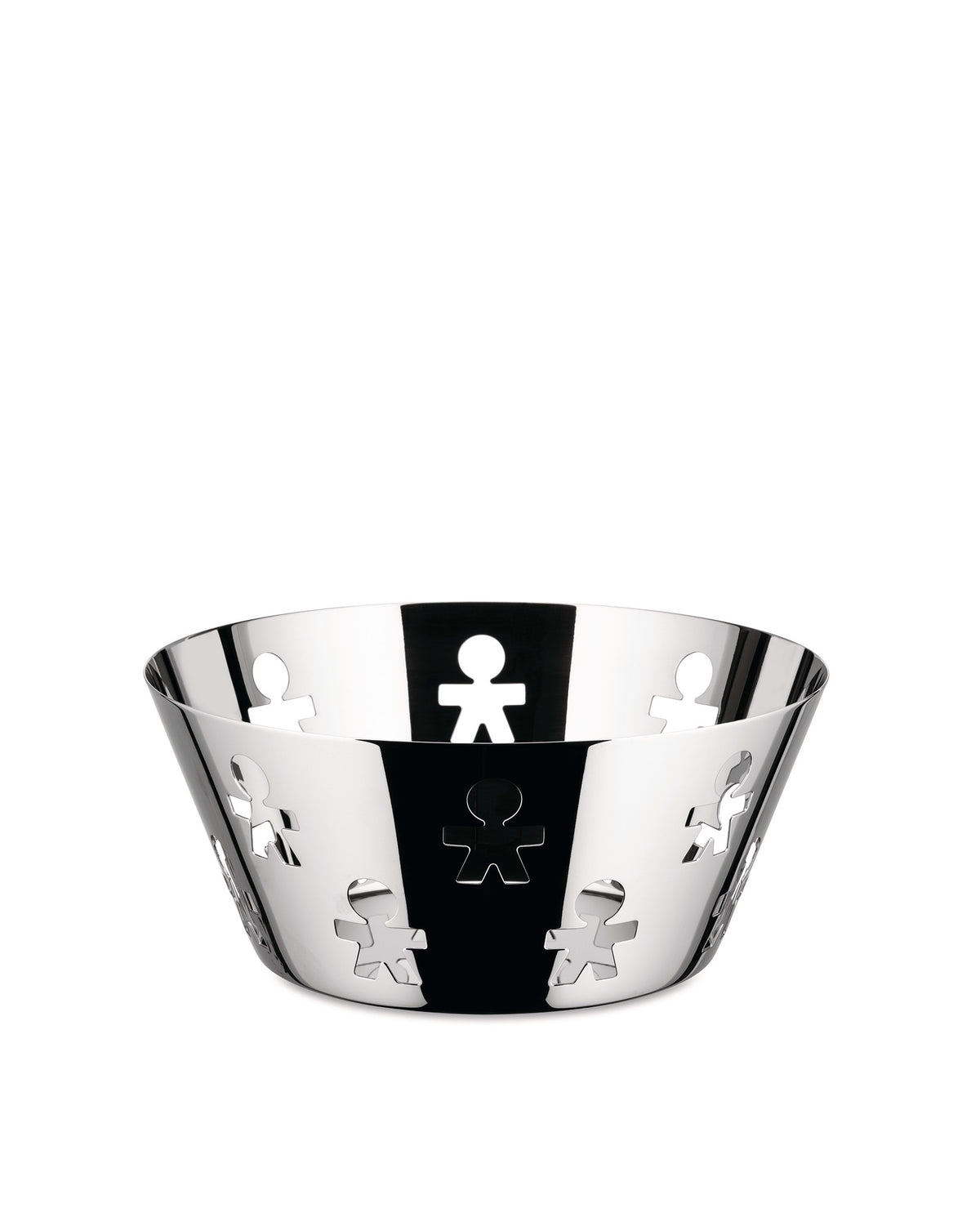 Silver polished metal basket by Alessi, featuring a cutout pattern of stick-like figures.