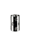 Cylindrical stainless steel container by Alessi, featuring perforated "little man" cutouts.