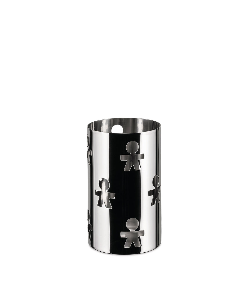 Cylindrical stainless steel container by Alessi, featuring perforated "little man" cutouts.