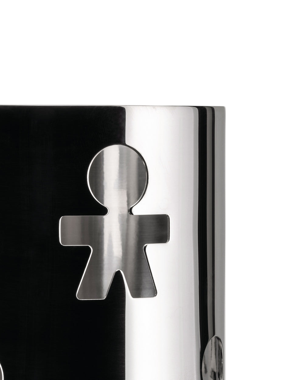 Polished stainless steel cylindrical object by Alessi, with a prominent cut-out stylized human figure.