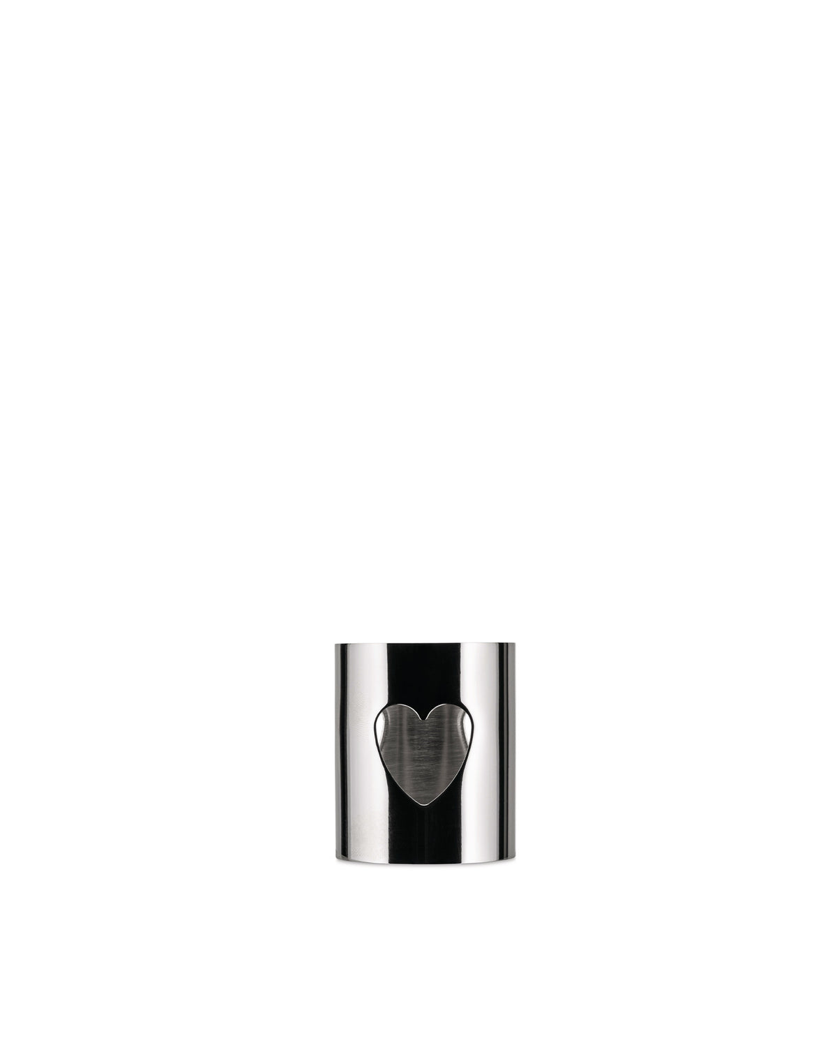 Silver-toned metal decorative object by Alessi with a polished finish and centered heart cutout.