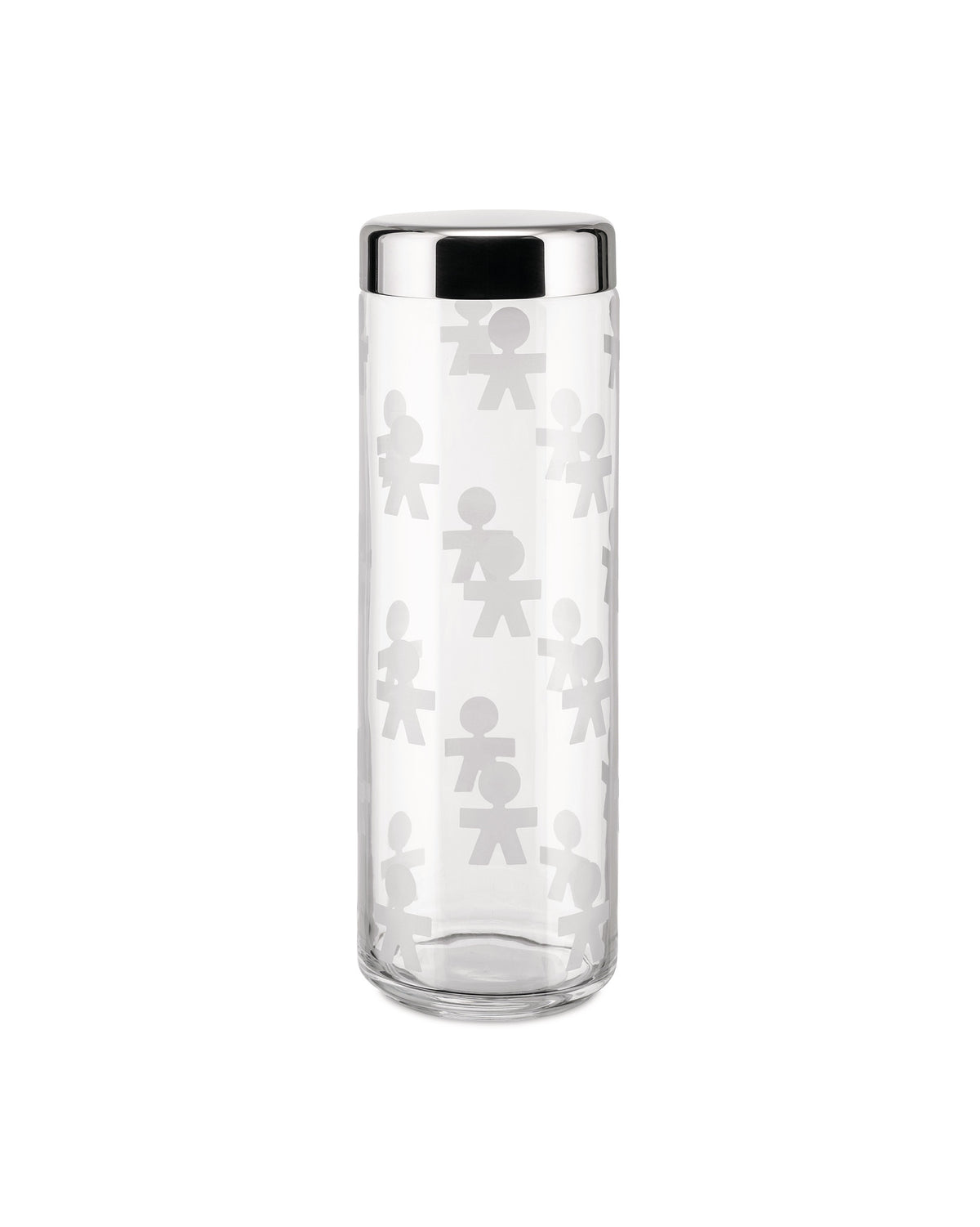 Clear glass jar with a shiny silver lid by Alessi, featuring a pattern of frosted stick figures.