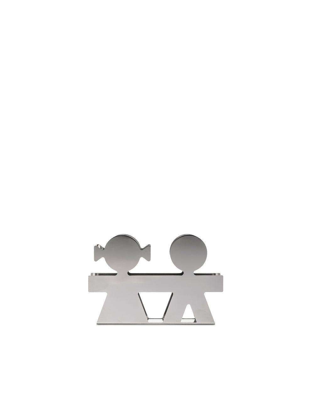 Silver-toned metallic Girotondo decorative object by Alessi, depicting a stylized boy and girl holding hands.